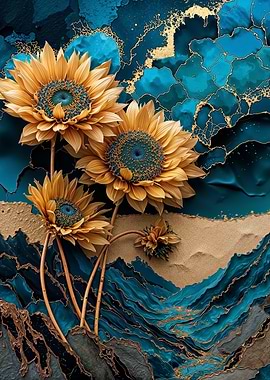 Teal Gold Sunflower Flower