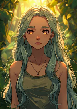 Anime Girl in Lush Greenery