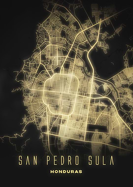 San Pedro Sula, Honduras - Illuminated Night City Map Poster, Modern Wall Art