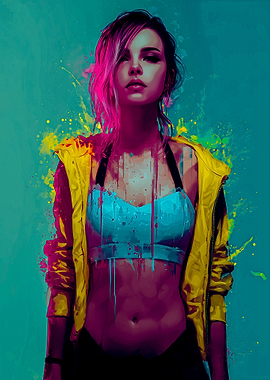 Colorful Woman Portrait with Paint Splatters