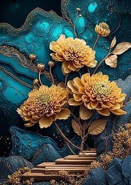Teal Gold Marigold Flower