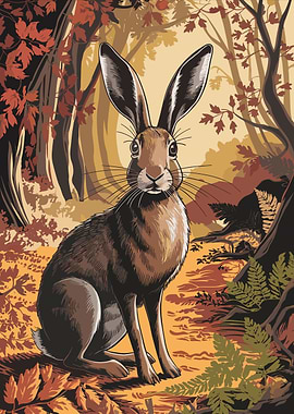 Hare in Autumn Forest Illustration
