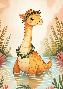 Cute Dinosaur with Floral Wreath