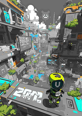 Cyberpunk Cityscape with Robot Character