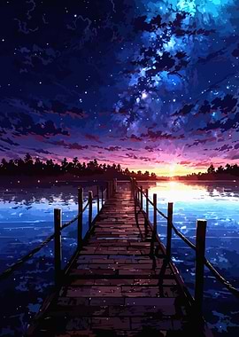 Dock at Sunset with Starry Sky