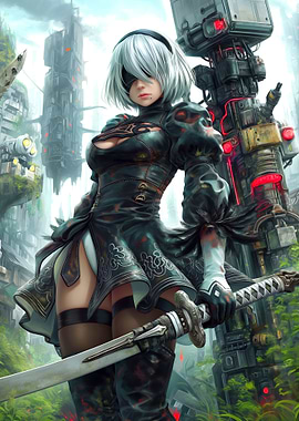 2B in a futuristic cityscape