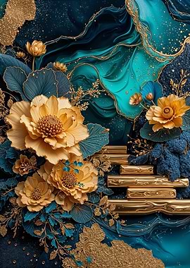 Teal Gold Marigold Flower