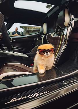 Pomeranian puppy with sunglasses in Koenigsegg Sadair Spear