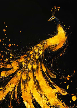 Golden Peacock on Black Background