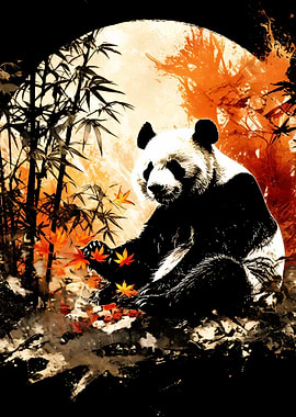 Panda with Autumn Leaves and Bamboo