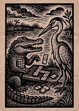 Alligator and Heron Playing Dominoes
