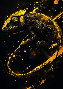 Golden Chameleon on Black Background
