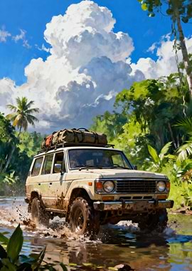 Off-Road Vehicle Crossing River in Jungle