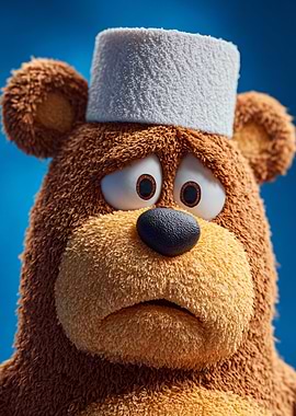 Sad Cartoon Bear with White Hat