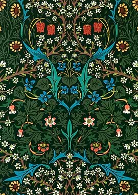 Floral Pattern with Dark Green Background, william morris art