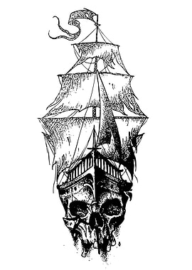 Skull Ship Black and White Art