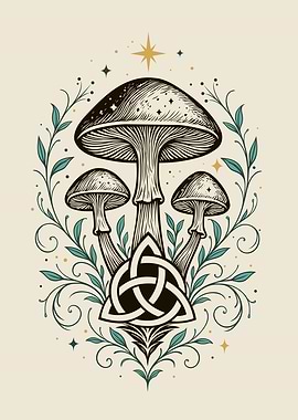Mystic Mushrooms with Triquetra Celtic Forest Design