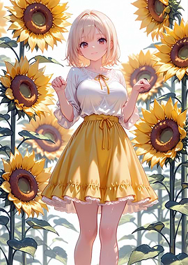Anime Girl Surrounded by Sunflowers