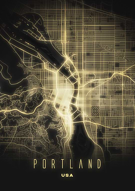 Portland, USA - Illuminated City Map Poster, Modern Urban Wall Art