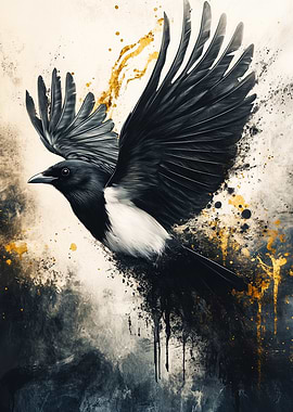 Magpie in Flight with Golden Accents