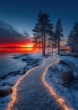 Winter Sunset Path with Lights