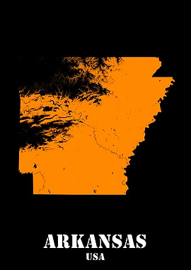 Arkansas USA State Minimalist Black Orange Topographic Contour Relief Map featuring terrain in orange color