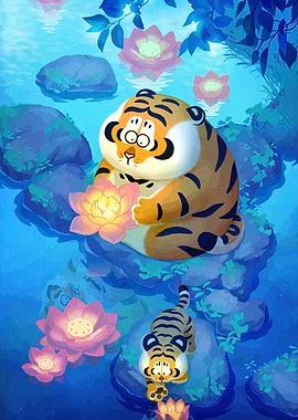 Cartoon Tigers in a Lotus Pond