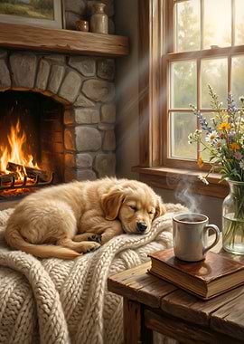 Cozy Fireplace Scene with Sleeping Dog