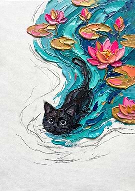 Black Cat in Water Lily Pond Painting