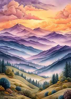 Watercolor Mountain Landscape at Sunset