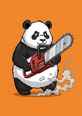 Panda with Chainsaw Cartoon Illustration