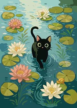 Black Cat in Lily Pond Illustration