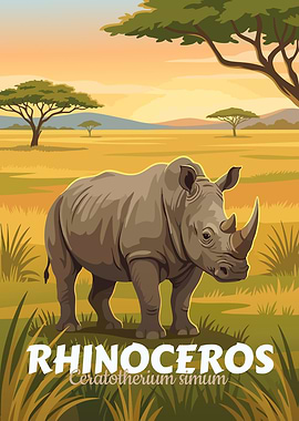 Rhinoceros in African Savannah Illustration