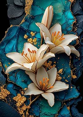 Teal and Gold Lilies Flower