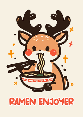 Cute Deer Eating Ramen Illustration