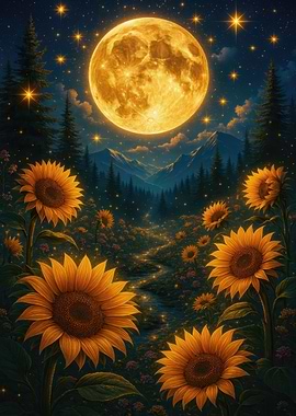 Sunflower Field Under a Golden Moon