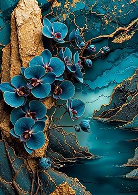 Teal Gold Orchids Flower