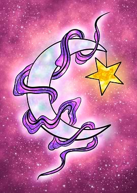 Crescent Moon and Star in Space