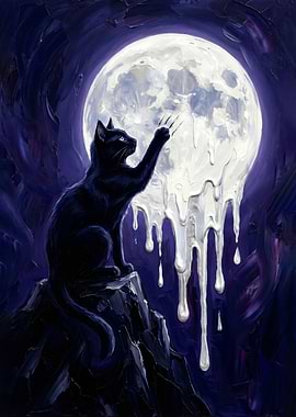 Black Cat Scratching Melting Moon Painting