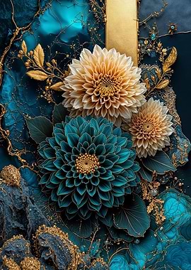 Teal Gold Dahlias Flower