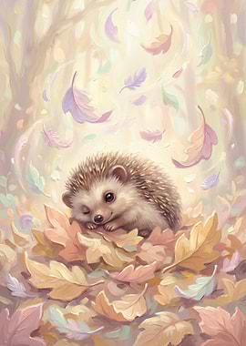 Cute Hedgehog in Autumn Leaves