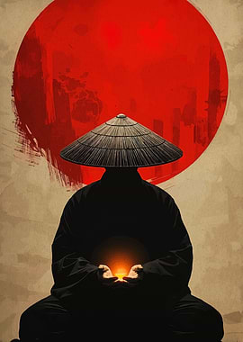 Meditating Monk with Rising Sun