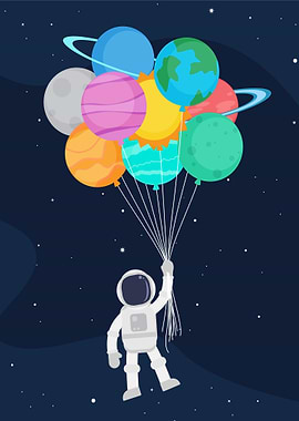 Astronaut with Planet Balloons in Space