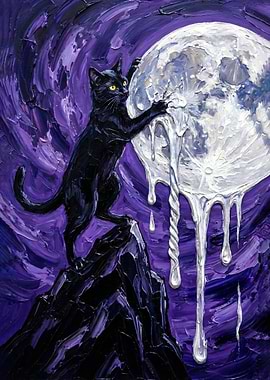 Black Cat and Melting Moon Painting