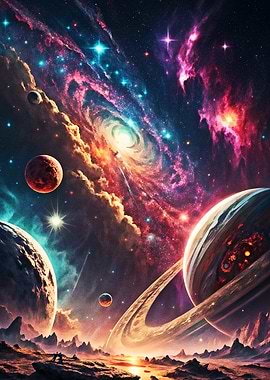 Cosmic Landscape with Planets and Nebula