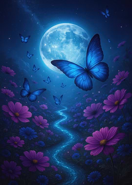 Blue Butterflies and Moonlit Meadow