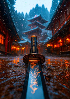 Katana in Snowy Japanese Village