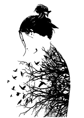 Woman Silhouette with Tree and Birds