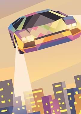 Low Poly Flying Car Over City