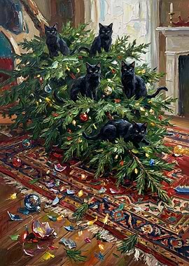 Black Cats in Christmas Tree Painting
